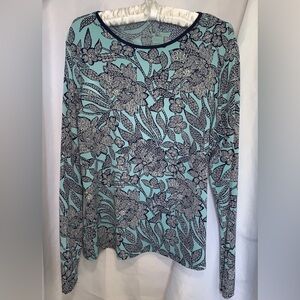 Lands' End Floral Long Sleeve Top Blue Black White Rash Guard Swim Shirt Medium